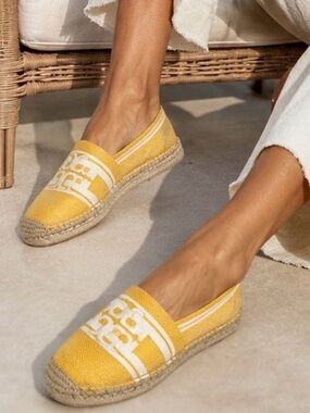 Tory Burch Double T Jacquard Espadrilles Yellow Ivory Logo Flats Size 9M